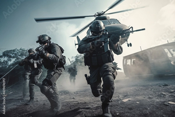 Fototapeta anti terrorist special force squad on action with helicopter in background