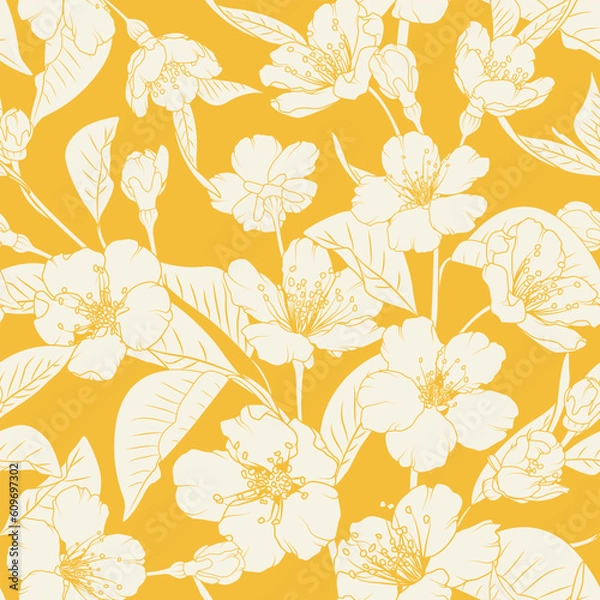 Fototapeta Seamless floral pattern with cherry sakura flowers on yellow background. Spring vector background.