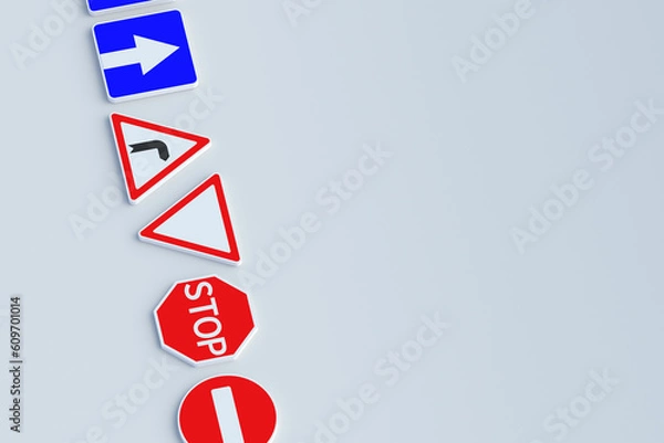 Fototapeta Row of road signs. Traffic laws. Driving school concept. Rules and regulation. Highway signpost. Roadway infrastructure. Top view. Copy space. 3d render