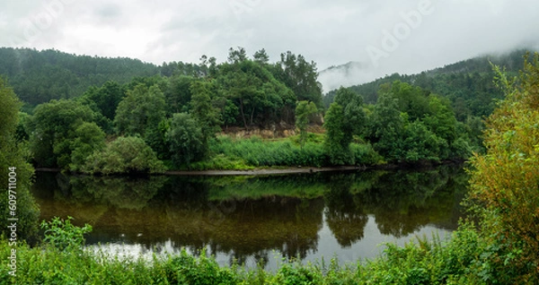 Obraz View of the green fluvial landscape reflected in the waters of the Confluence of the Miño river and the Avia river, Ribadavia Orense, summer of 2021, Spain