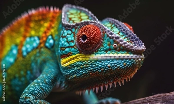 Obraz  a colorful chamelon sitting on a tree branch in the sun with its mouth open and tongue out, with its tongue out, with a black background.  generative ai