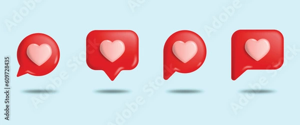 Fototapeta Set of 3d heart textboxes different forms. Love symbol in speech bubble for web. Like heart 3d vector icons .