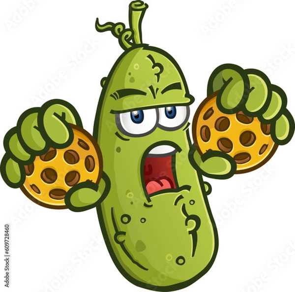 Obraz A grumpy old pickle cartoon character holding a couple pickleballs in his fists and ready to start some trouble on the court vector illustration