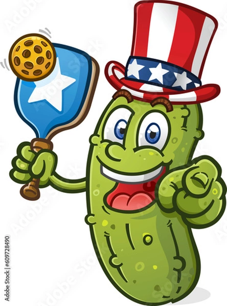 Obraz A patriotic pickle uncle sam cartoon mascot pointing at you and wearing an uncle sam hat ready to serve up some all american action on the pickleball court vector illustration