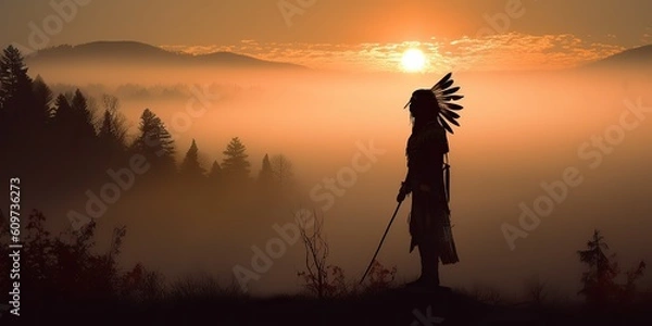 Obraz AI Generated. AI Generative. Native american indian western chief apache warrior in the fog mist cinematic shot. Graphic Art