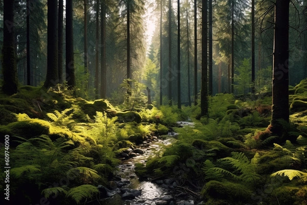 Fototapeta scandinavian forest with many trees, lots of green moss and sunshine made with Generative AI