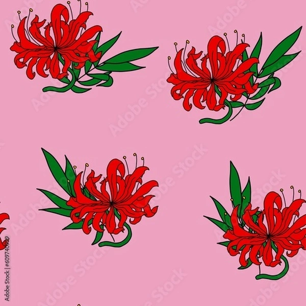 Obraz abstract background. pattern with red lilies and green flowers. on a pink background