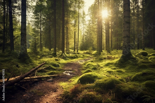 Fototapeta scandinavian forest with many trees, lots of green moss and sunshine made with Generative AI