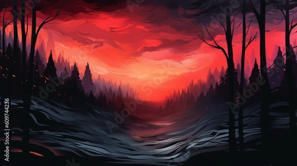 Obraz Forest valley at sunset