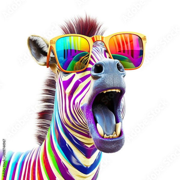 Fototapeta Cartoon colorful zebra with sunglasses on white background. Created with generative AI