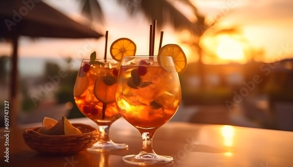 Fototapeta Summer drinks with blur beach on background. Generative AI illustration