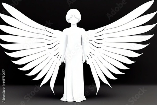 Obraz White Angel with Wings Statue Icon Isolated on Black and Gray. Generative AI