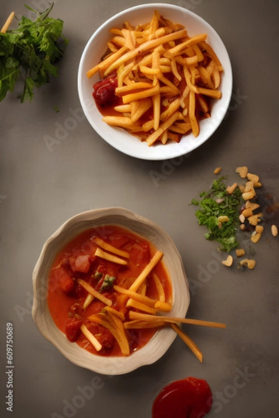 Obraz Two Dishes of French Fries with Sauce, Ketchup, Green Spices. Potatoes, Tomato, Soup, Beet. Food. Generative AI