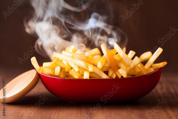 Obraz Fried Potatoes in a Red Bowl with Heat Smoke, Delicious, Golden, French fries, Potato chip, Generative AI