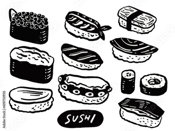 Obraz 寿司の単色手描きマーク風イラストセット