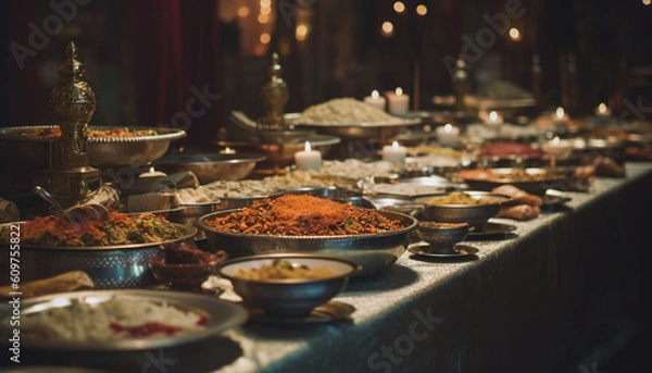 Fototapeta Spicy Indian curry bowl with chili pepper and saffron decoration generated by AI