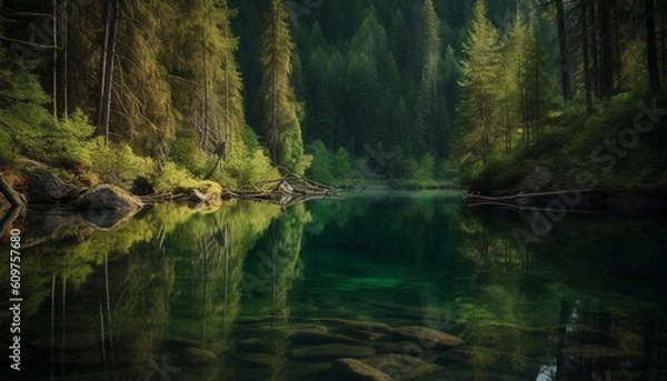 Obraz Tranquil scene of a mountain peak reflected in a pond generated by AI