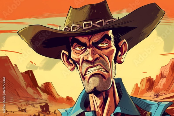 Obraz Graphic novel style illustration of a rugged cowboy in the old west, desperado outlaw. Generative AI.