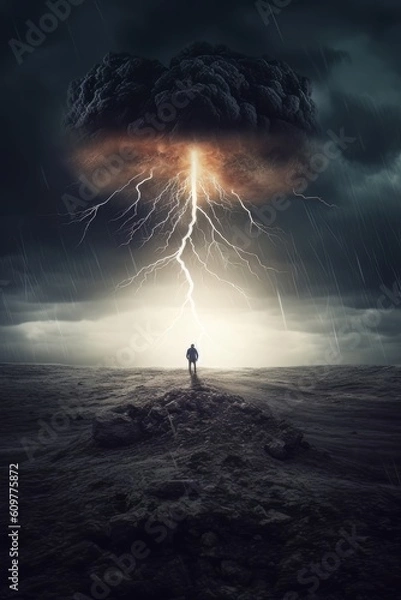 Fototapeta Man and panoramic landscape due to drought and weather before rain AI Generative AI