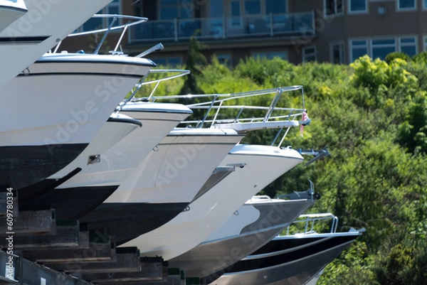 Obraz Row of boats on shelves  at boat storage near Edmond marina -3