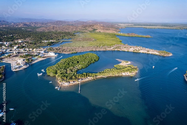 Obraz Island in the middle of the lagoon of Barra de Navidad beach, cihuatlan, Jalisco, mouth of river, Melaque Beach, Costalegre