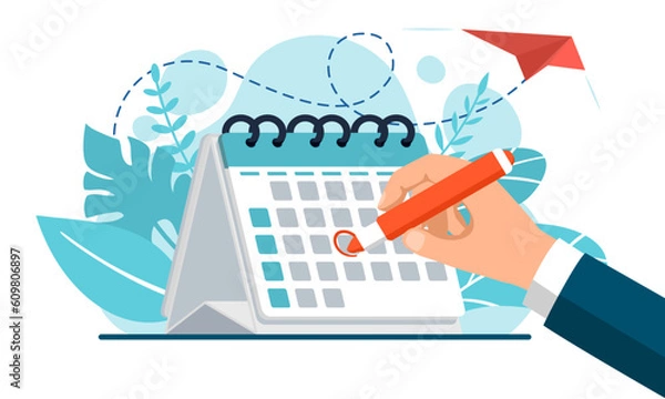 Fototapeta Hand Businessman hold pen marks the date, holiday, priority, important, reminder day on calendar concept. Vector illustration flat design for banner and poster.