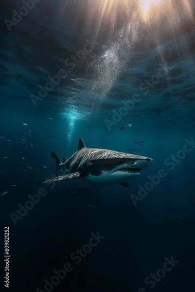 Fototapeta Black shark, eliminating light. AI generative