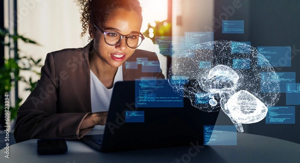 Fototapeta Black woman working in office and conversation AI concept. Deep learning. IoT (Internet of Things). ICT (Information Communication Technology).