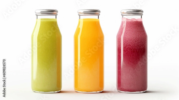 Fototapeta Fresh fruit smoothies in glass bottles, a vegetarian concept