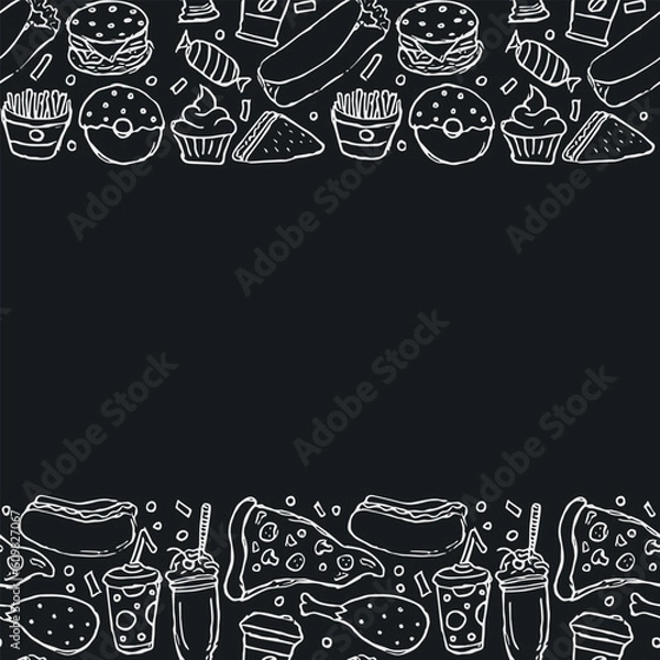 Fototapeta fast food background with place for text. Doodle fastfood icons. Drawn food illustration