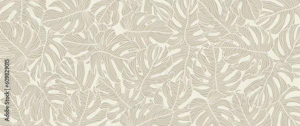 Fototapeta Abstract foliage line art vector background. Leaf wallpaper of  monstera leaves, leaf branch, plants in hand drawn pattern. Botanical jungle illustrated for banner, prints, decoration, fabric.
