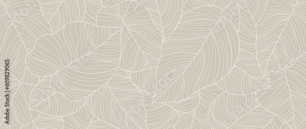 Fototapeta Abstract foliage line art vector background. Leaf wallpaper of tropical leaves, leaf branch, plants in hand drawn pattern. Botanical jungle illustrated for banner, prints, decoration, fabric.