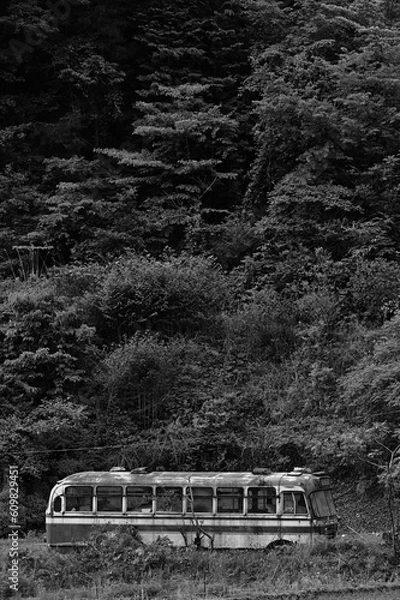 Obraz 木々に溶けるように同化する廃車