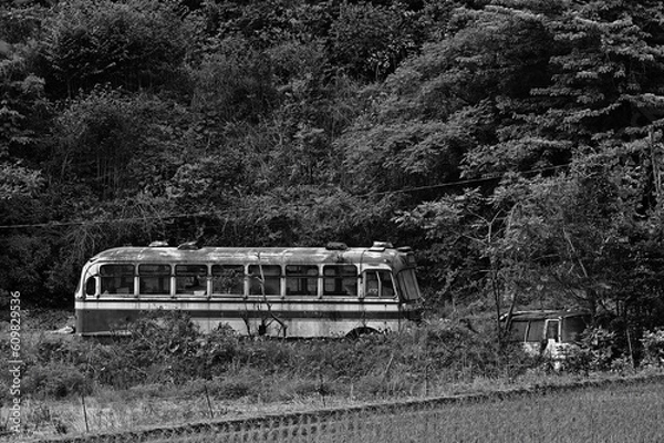 Obraz 木々に溶けるように同化する廃車