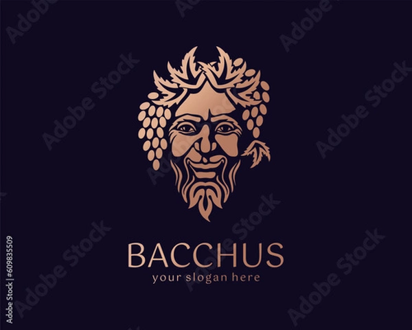 Fototapeta Logo Bacchus or Dionysus. Man face logo with grape berries and leaves. A style for winemakers or brewers. Sign for bar and restaurant.