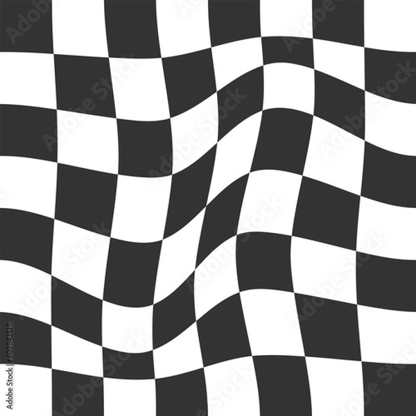 Fototapeta Distorted chessboard background. Psychedelic pattern with warped black and white squares. Race flag or plaid texture. Trippy checkerboard surface. Checkered visual illusion