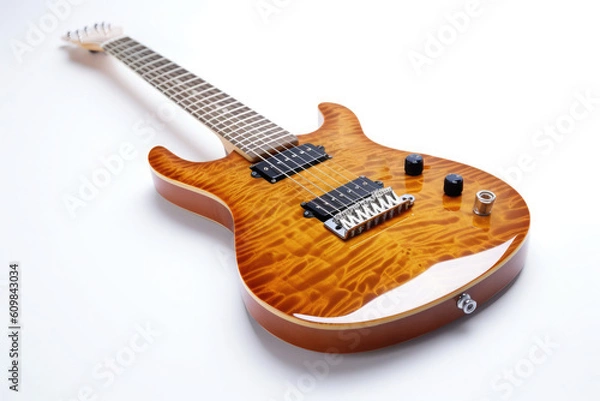 Fototapeta Top view of a brown stylish electric guitar on a white background. Generative AI