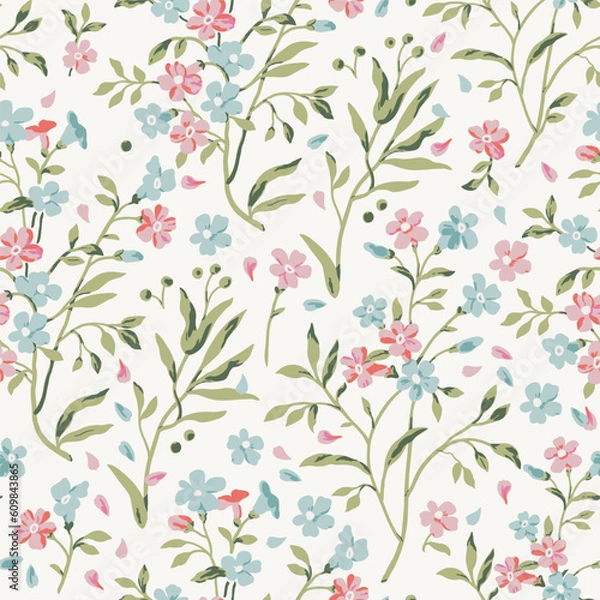 Fototapeta Wonderful floral background with pink and blue flowers. A warm breeze brings delicate petals and green stems. Vector seamless pattern.