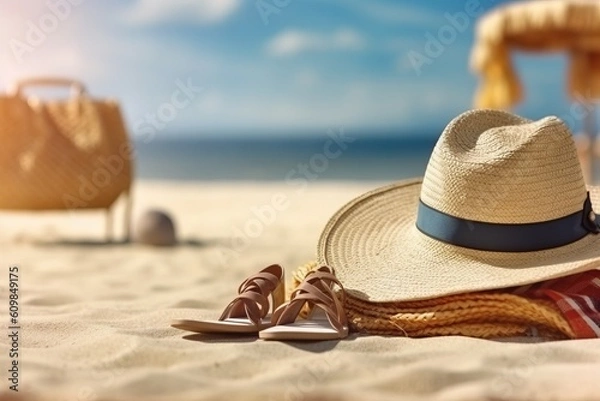 Fototapeta Portrait straw hat on the beach with light exposure AI Generative