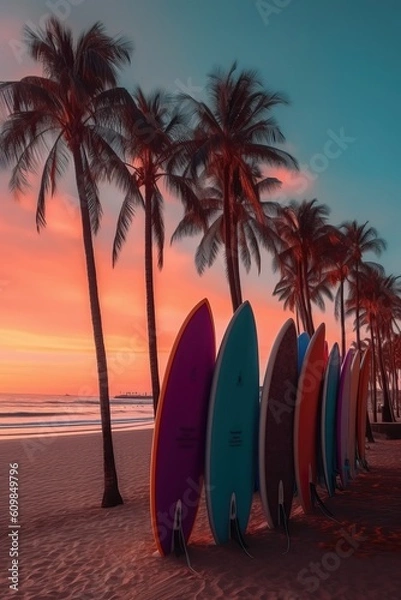 Fototapeta Sunset on the beach with surf board AI Generative