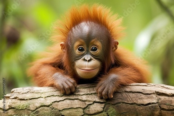 Fototapeta Smiling Young Orangutan on Tree Branch in Forest