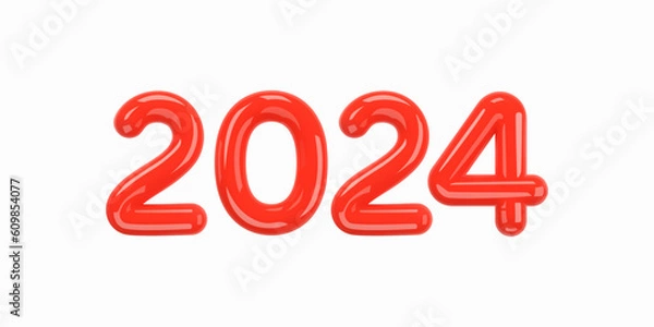 Fototapeta 2024 Red Glossy Number isolated on white background. For 2024 New Year Card. Christmas Decorations. Merry Christmas. Happy New Year. Sale Season. Holiday Vacations. Realistic 3d. Vector