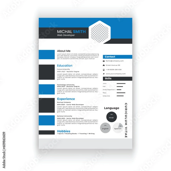 Fototapeta Clean and modern resume or cv template in a4.