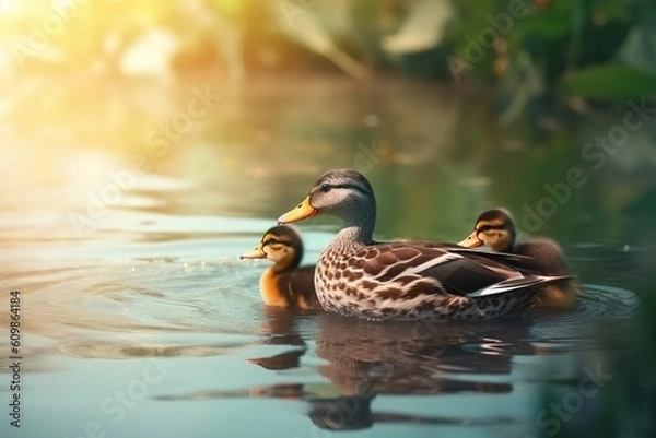 Fototapeta Portrait mallard ducks with their chicks on the water with light exposure AI Generative