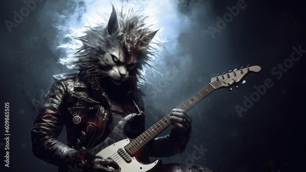 Fototapeta Hard rock metal guitarist cat with unruly long fur hair and cool leather jacket playing an electric guitar on concert stage - insanely wild and unique feline portraiture illustration - generative AI 