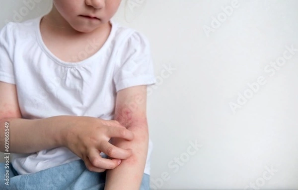 Obraz The child scratches atopic skin. Dermatitis, diathesis, allergy on the child's body.	