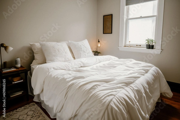 Fototapeta Bet with clear new sheets, ai generated