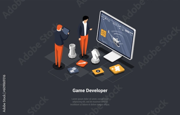 Fototapeta Concept Of Game Development. Team Of GameDev In Process Of Create And Develop New Computer Video Game Design. Digital Technology, Programming and Codding. Isometric 3d Cartoon Vector Illustration