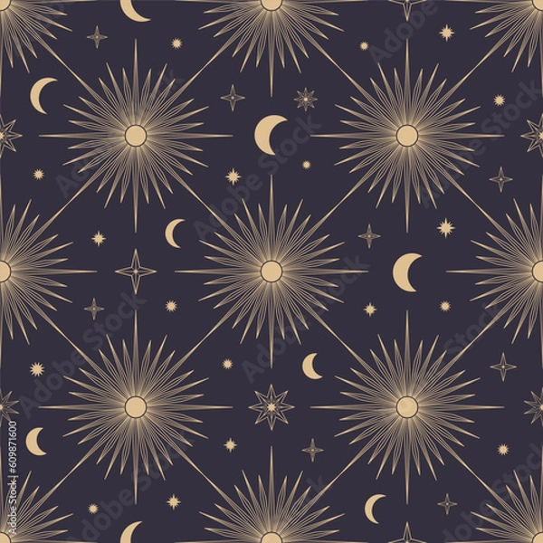 Fototapeta Hand drawn seamless pattern of Sun, Moon, sunburst, stars. Mystical celestial bursting sun rays vector. Magic space galaxy sketch illustration for greeting card, wallpaper, wrapping paper, fabric