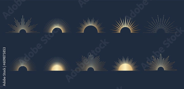 Fototapeta Hand drawn set of golden Sun, sunburst, light rays in line art. Bohemian symbol bursting sun rays. Magic talisman, antique style, boho, tattoo, logo. Vector illustration isolated on blue background.